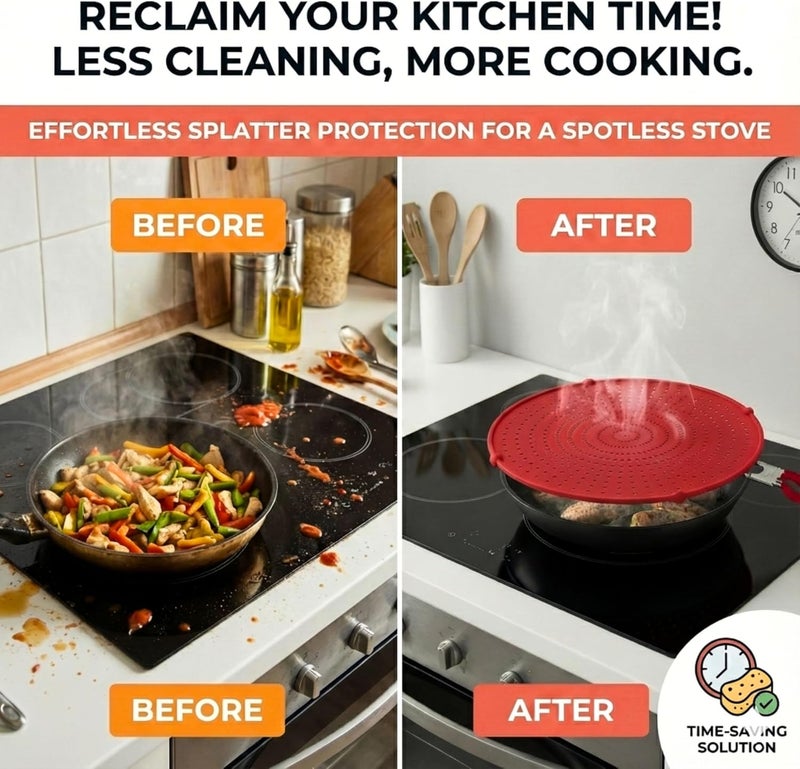 Allumerous Store Silicone Splatter Screen for Frying Pan | Red 13"| No More Oil Splatters | Foldable Handle w/Sleeves, Heat-Resistant, Dishwasher-Safe | Versatile Tool Fits 10"–12″ Pans (Most 13″ Skillets Compatible) - Image 5